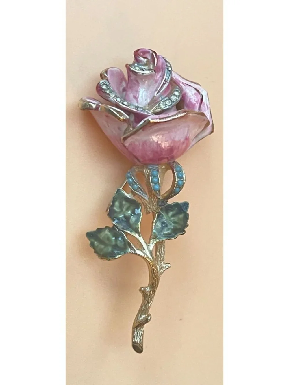 Vtg Signed Coro Enamel Rose Brooch Pink Floral Pin With Rhinestones & Gold-Tone